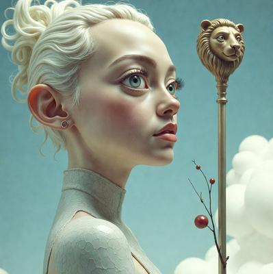 The primary subject of the image is a woman with blonde hair, wearing a white dress and a necklace. She is standing in front of a backdrop featuring a cloudy sky. The visual style of the image is digital art, with the woman being depicted as a character in a painting. The colors and mood of the image are predominantly white, giving it a clean and serene atmosphere.